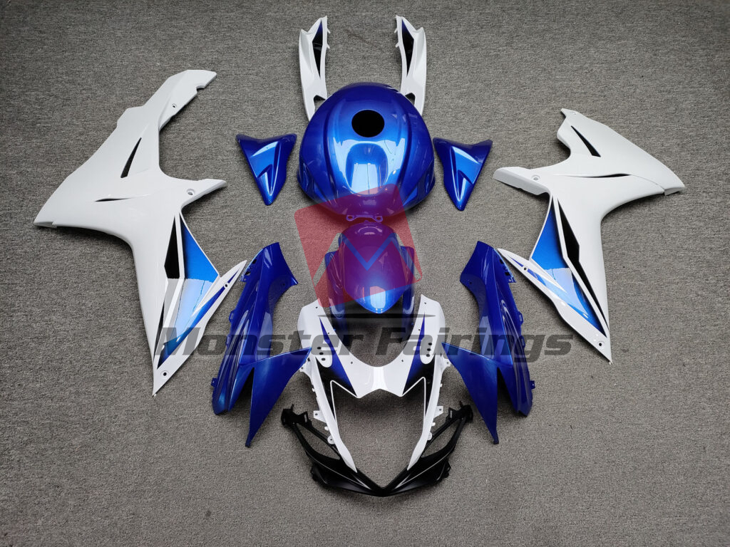 Suzuki GSXR 600 - 750 2011 - 2025 Gloss White with Black & Blue ABS fairings - custom motorcycle bodywork kit by Monster Fairings
