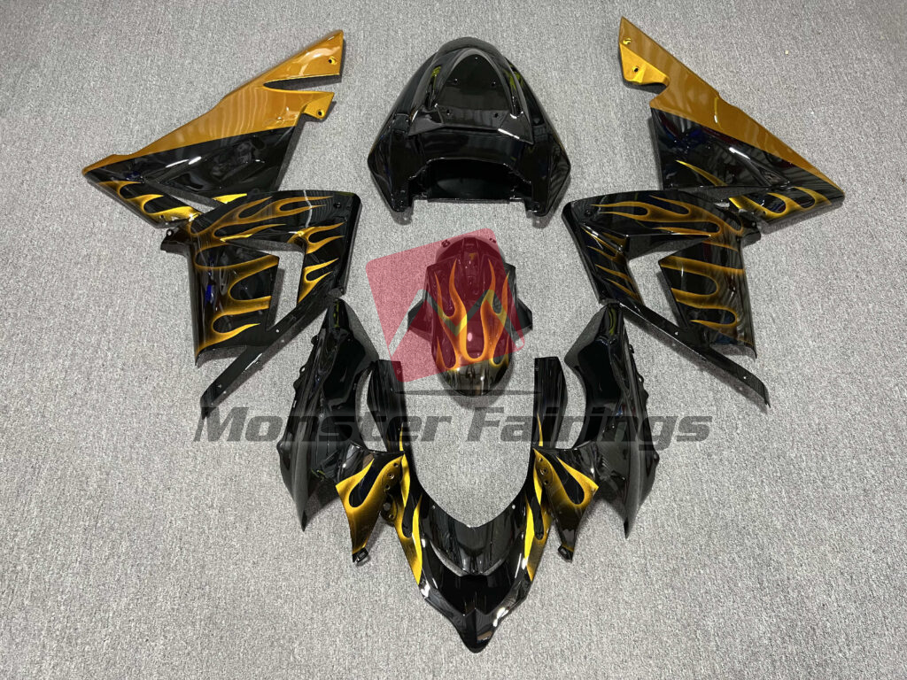 Kawasaki ZX10R 2004 - 2005 Gloss Black Gold Flames ABS fairings - custom motorcycle bodywork kit by Monster Fairings