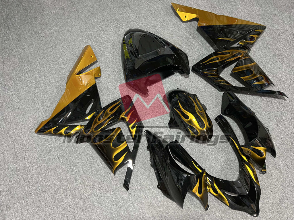 Gloss Black Gold Flames ABS fairings for Kawasaki ZX10R 2004 - 2005 - premium OEM fit kit by Monster Fairings