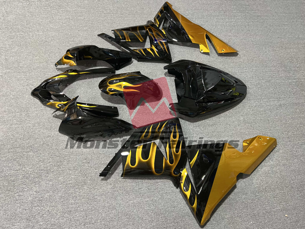 2004 - 2005 Kawasaki ZX10R Gloss Black Gold Flames fairing set - ABS injection, custom painted by Monster Fairings