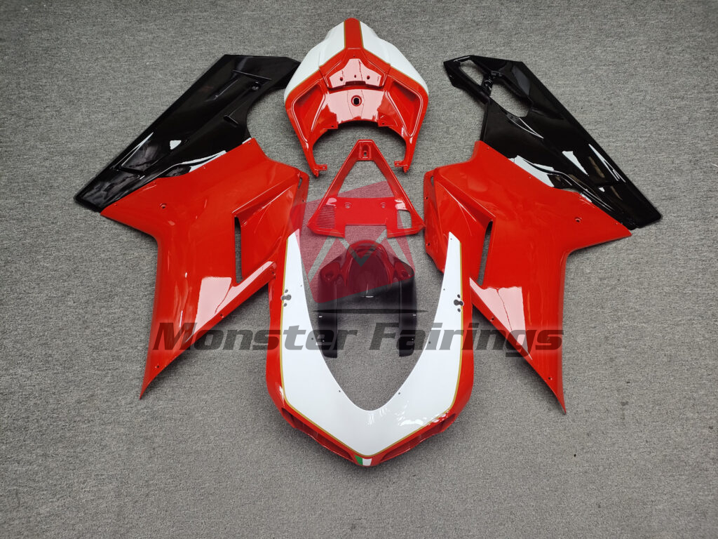 Ducati 848 1098 1198 2007 - 2012 Gloss Black & Red with White ABS fairings - custom motorcycle bodywork kit by Monster Fairings