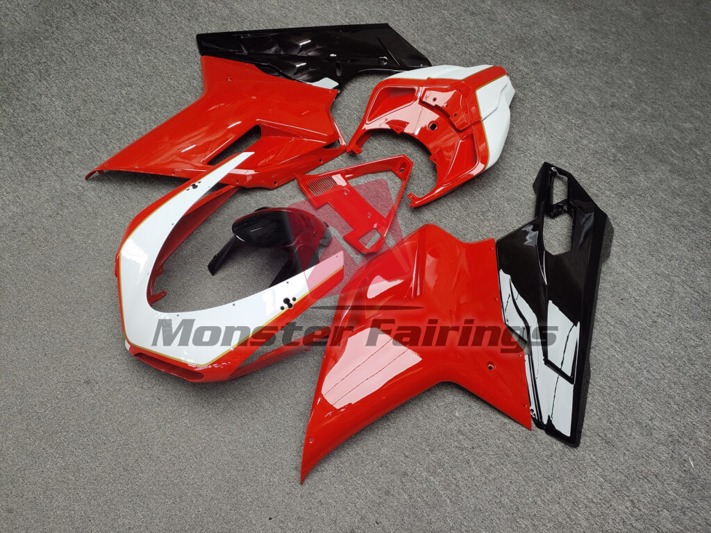 Ducati 848 1098 1198 custom ABS fairings 2007 - 2012 in Gloss Black & Red with White - durable replacement kit, Monster Fairings