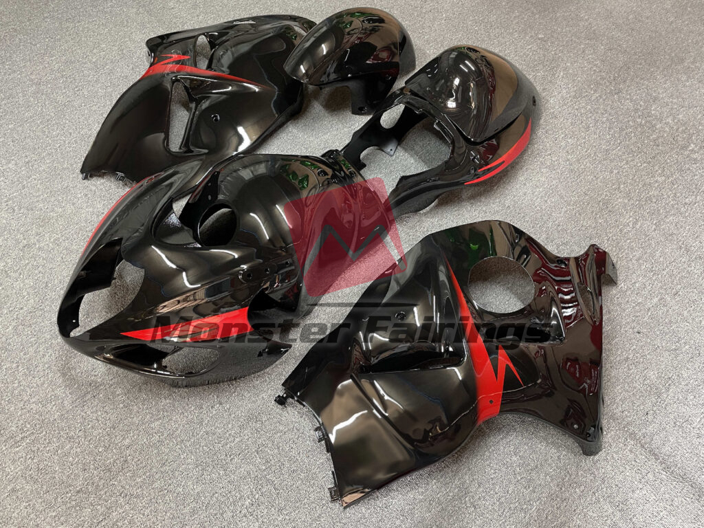 Suzuki GSXR1300 custom ABS fairings 1997 - 2007 in Gloss Black Red Stripes - durable replacement kit, Monster Fairings