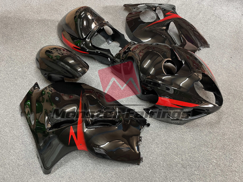 1997 - 2007 Suzuki GSXR1300 Gloss Black Red Stripes fairing set - ABS injection, custom painted by Monster Fairings
