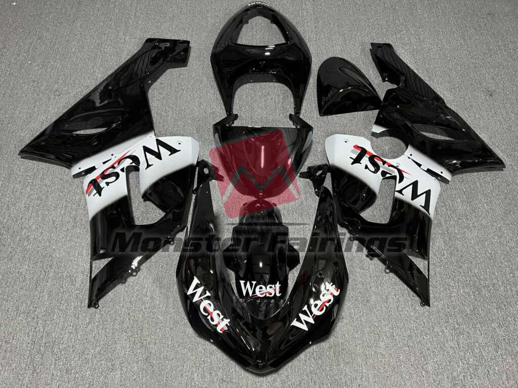 Kawasaki ZX6R 2005 - 2006 Gloss Black & White West ABS fairings - custom motorcycle bodywork kit by Monster Fairings