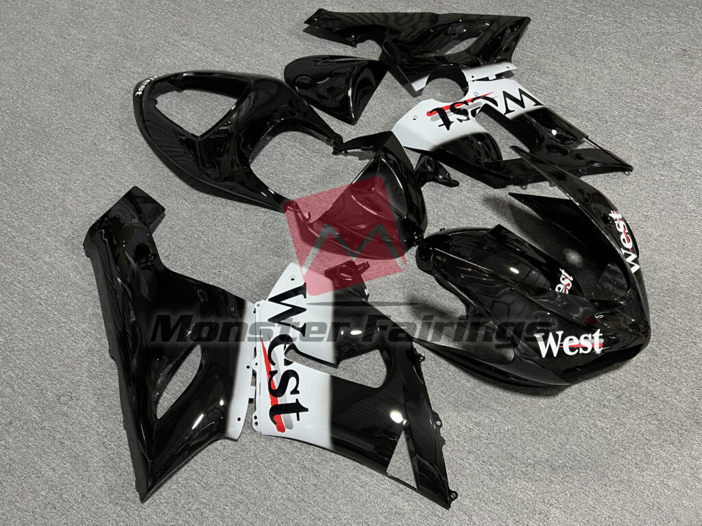 Kawasaki ZX6R custom ABS fairings 2005 - 2006 in Gloss Black & White West - durable replacement kit, Monster Fairings