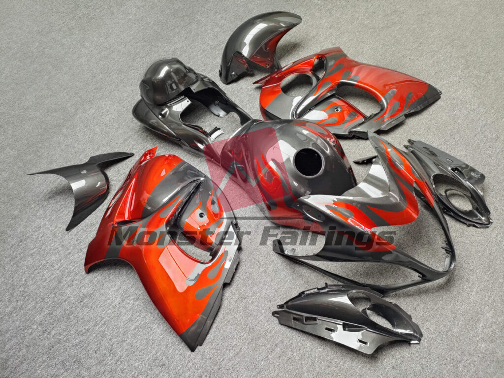 Gloss Gray with Red Flames ABS fairings for Suzuki GSXR 1300 2008 - 2020 - premium OEM fit kit by Monster Fairings