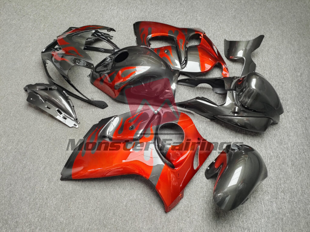 Suzuki GSXR 1300 custom ABS fairings 2008 - 2020 in Gloss Gray with Red Flames - durable replacement kit, Monster Fairings