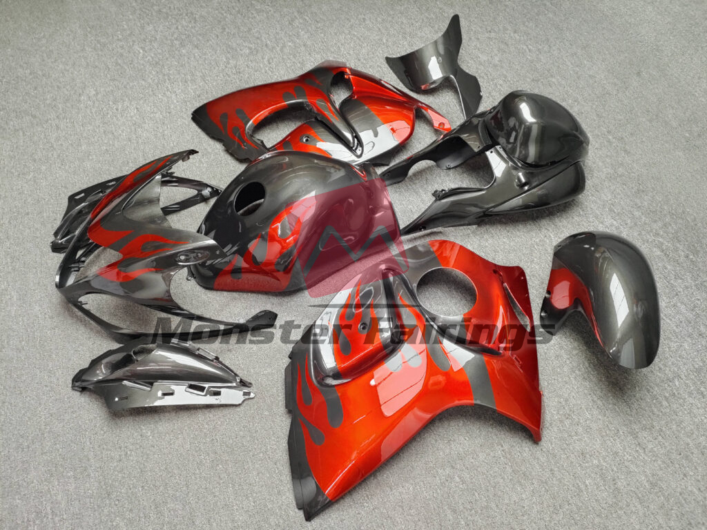 2008 - 2020 Suzuki GSXR 1300 Gloss Gray with Red Flames fairing set - ABS injection, custom painted by Monster Fairings