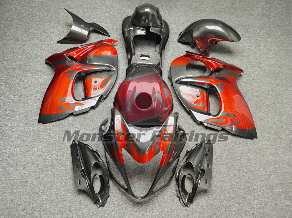Suzuki GSXR 1300 2008 - 2020 Gloss Gray with Red Flames ABS fairings - custom motorcycle bodywork kit by Monster Fairings