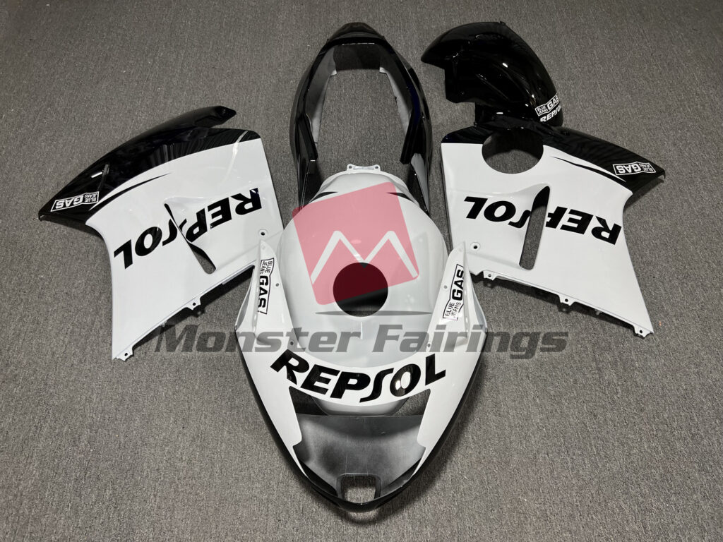Honda CBR1100XX 1999 - 2007 Gloss Black & White Repsol ABS fairings - custom motorcycle bodywork kit by Monster Fairings