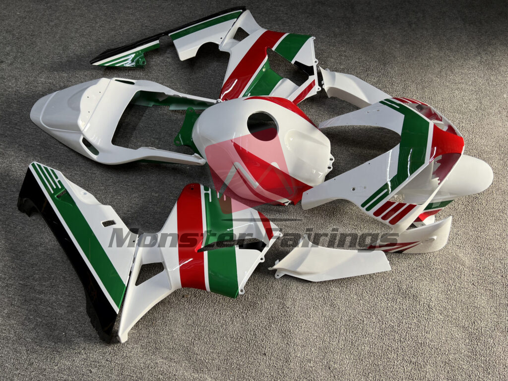 2003 - 2004 Honda CBR600RR Gloss White & Red With Green fairing set - ABS injection, custom painted by Monster Fairings