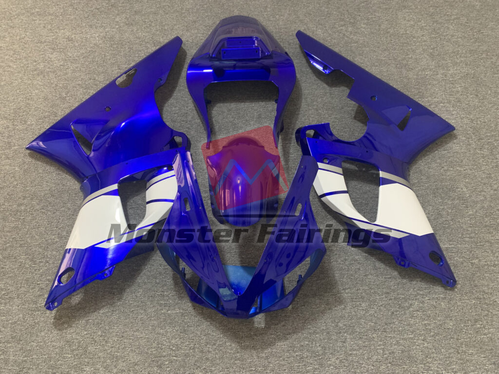 Yamaha R1 2000 - 2001 Gloss Blue & White with Silver ABS fairings - custom motorcycle bodywork kit by Monster Fairings