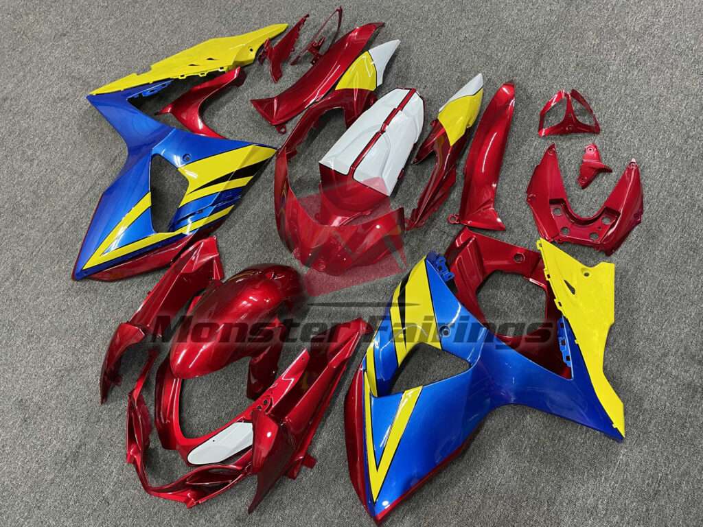 Suzuki GSXR 1000 custom ABS fairings 2009 - 2016 in Yellow Red and Blue - durable replacement kit, Monster Fairings