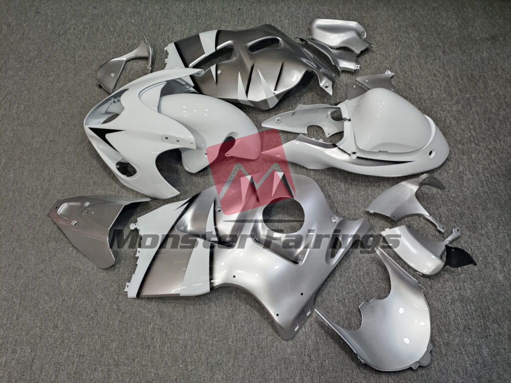 Suzuki GSXR 1300 custom ABS fairings 1997 - 2007 in Gloss White & Silver - durable replacement kit, Monster Fairings
