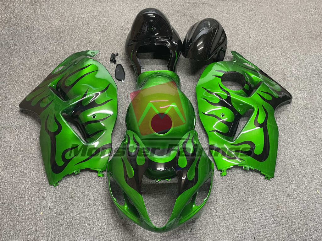 Suzuki GSXR1300 1997 - 2007 Gloss Green Black Flame ABS fairings - custom motorcycle bodywork kit by Monster Fairings