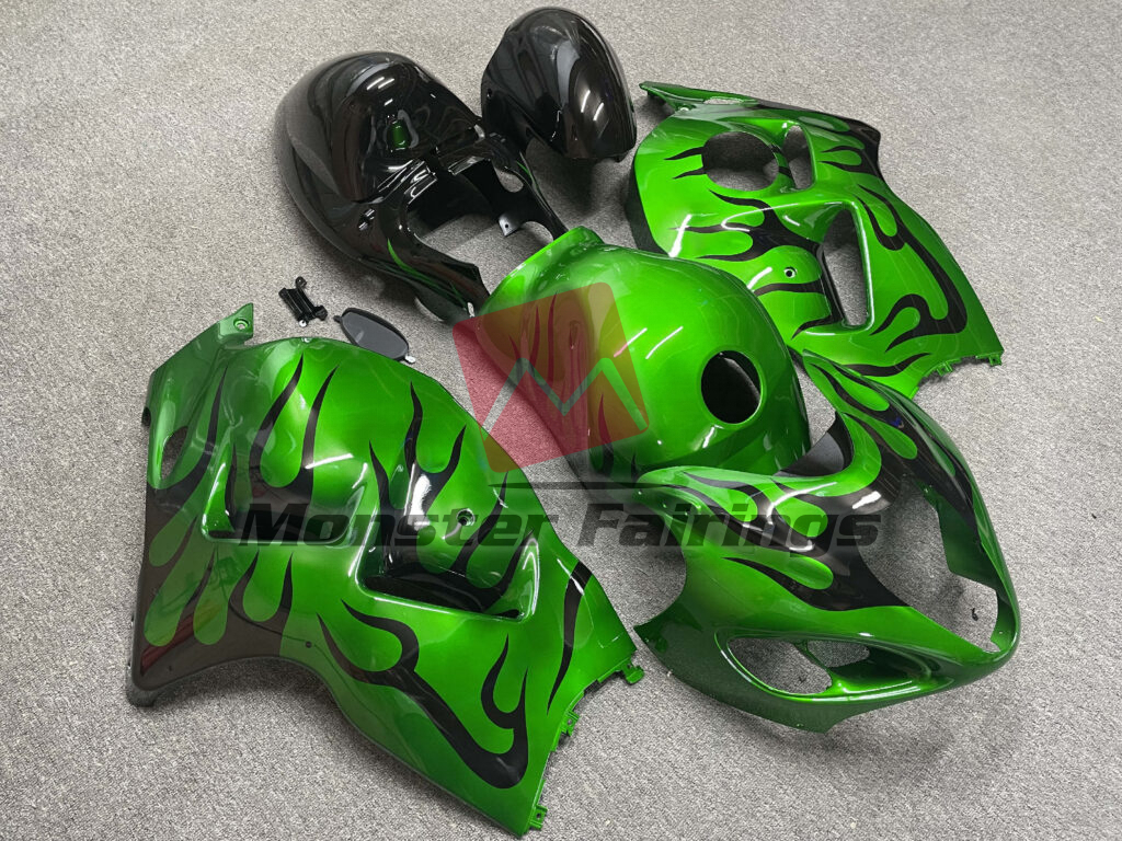 Gloss Green Black Flame ABS fairings for Suzuki GSXR1300 1997 - 2007 - premium OEM fit kit by Monster Fairings