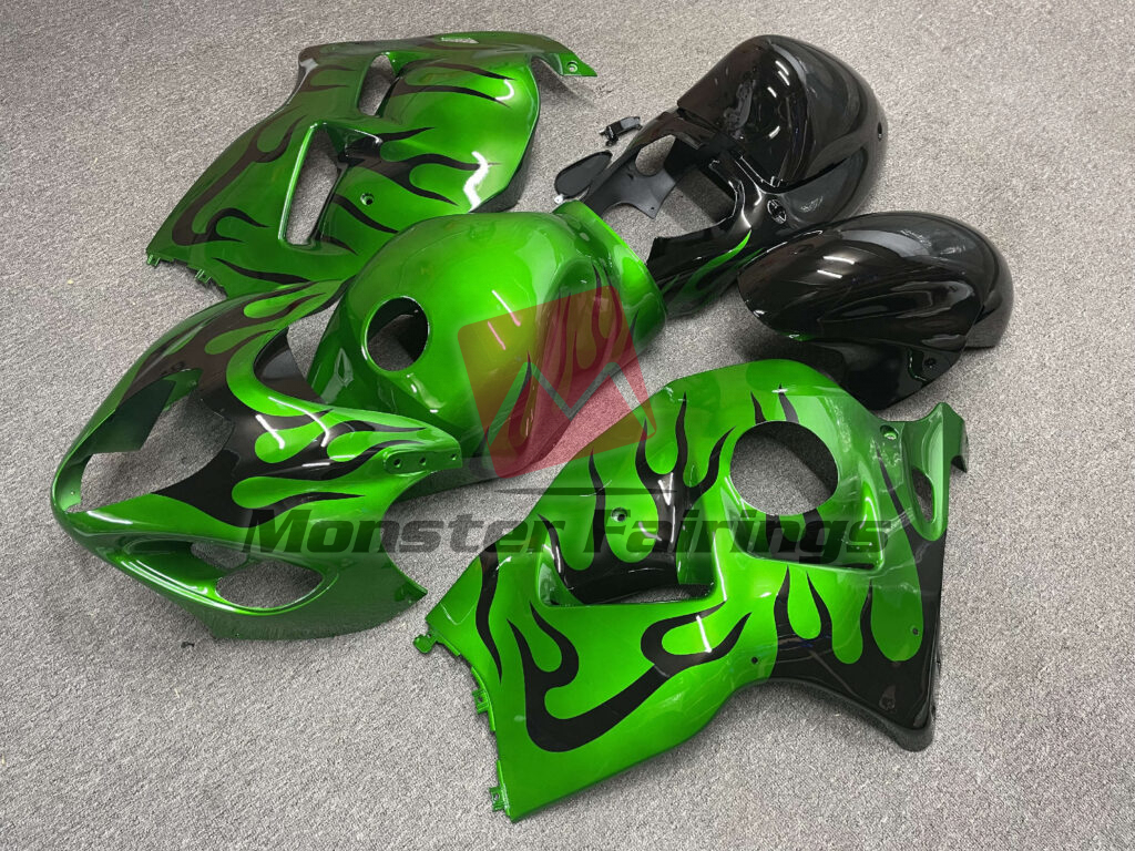 Suzuki GSXR1300 custom ABS fairings 1997 - 2007 in Gloss Green Black Flame - durable replacement kit, Monster Fairings
