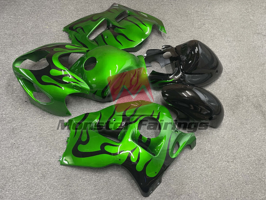1997 - 2007 Suzuki GSXR1300 Gloss Green Black Flame fairing set - ABS injection, custom painted by Monster Fairings