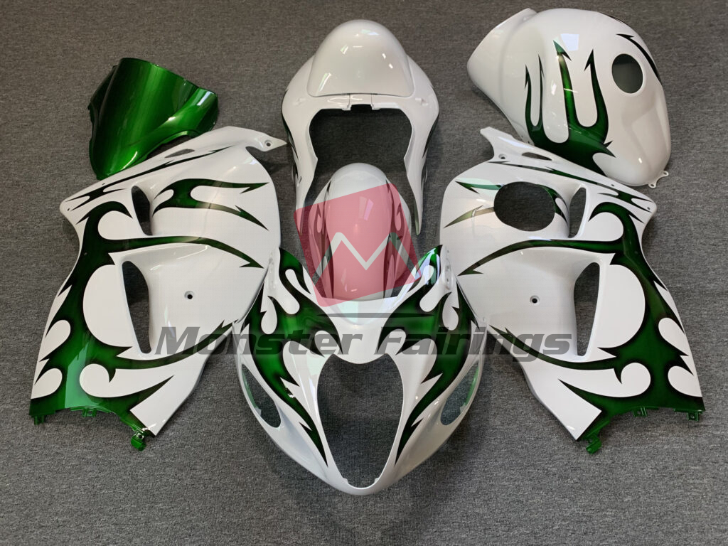 Suzuki GSXR1300 1997 - 2007 Gloss White Green ABS fairings - custom motorcycle bodywork kit by Monster Fairings