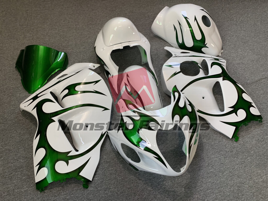 Suzuki GSXR1300 custom ABS fairings 1997 - 2007 in Gloss White Green - durable replacement kit, Monster Fairings