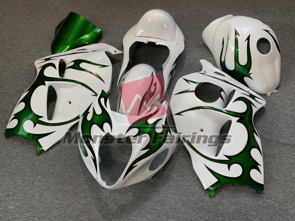 1997 - 2007 Suzuki GSXR1300 Gloss White Green fairing set - ABS injection, custom painted by Monster Fairings