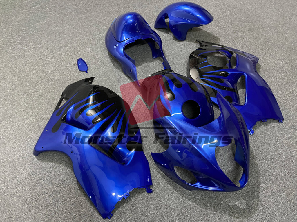 Suzuki GSXR1300 custom ABS fairings 1997 - 2007 in Gloss Blue Flame & Black - durable replacement kit, Monster Fairings