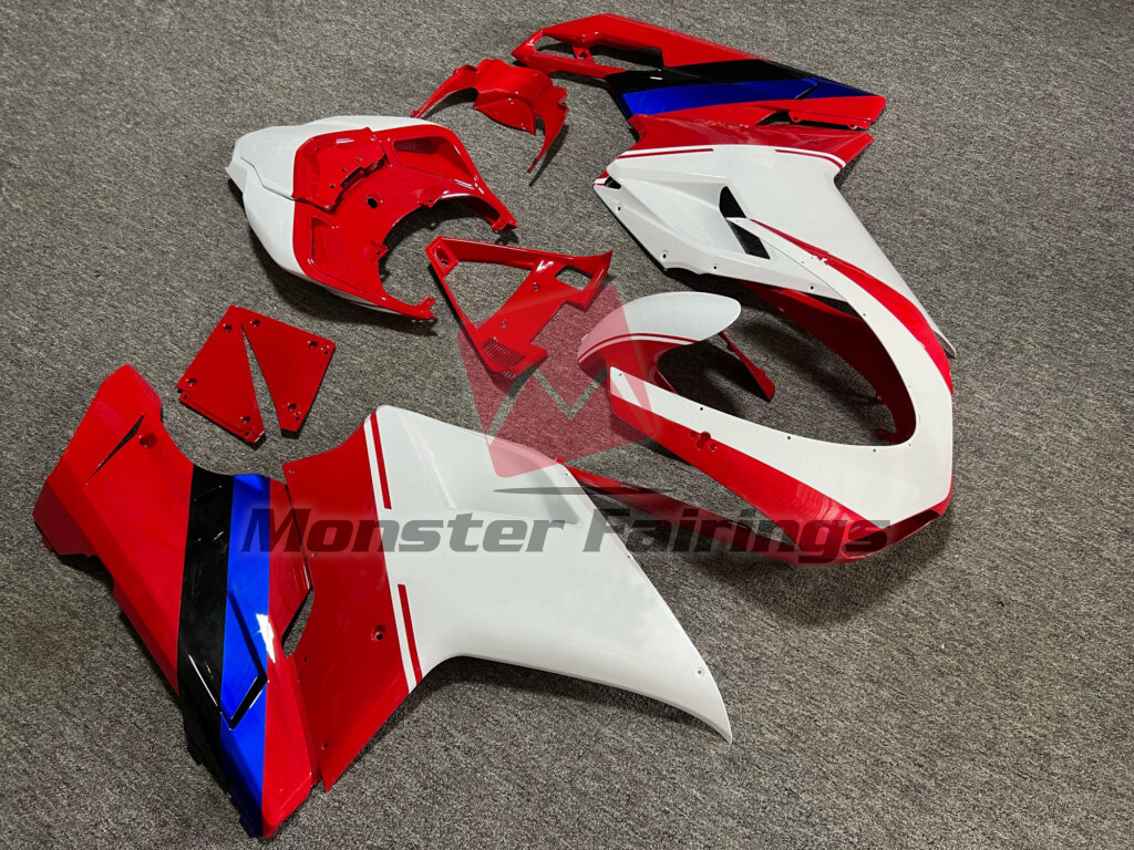 Ducati 848 1098 1198 custom ABS fairings 2007 - 2012 in Gloss White, Red with Blue & Black - durable replacement kit, Monster Fairings