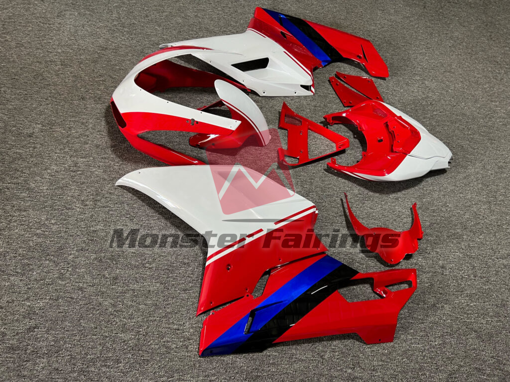 2007 - 2012 Ducati 848 1098 1198 Gloss White, Red with Blue & Black fairing set - ABS injection, custom painted by Monster Fairings