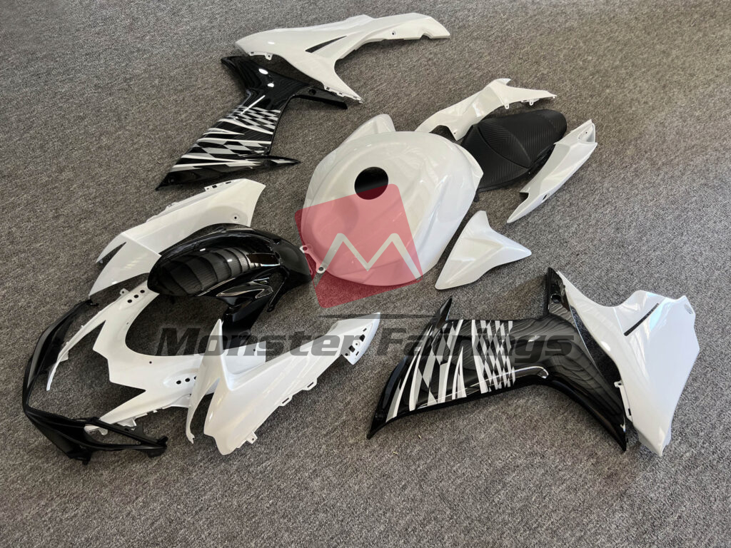 Suzuki GSXR custom ABS fairings 2011 - 2025 in Gloss White & Black With Silver - durable replacement kit, Monster Fairings
