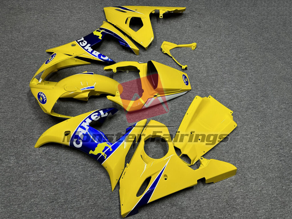2005 Yamaha R6 Gloss Yellow & Blue Camel fairing set - ABS injection, custom painted by Monster Fairings