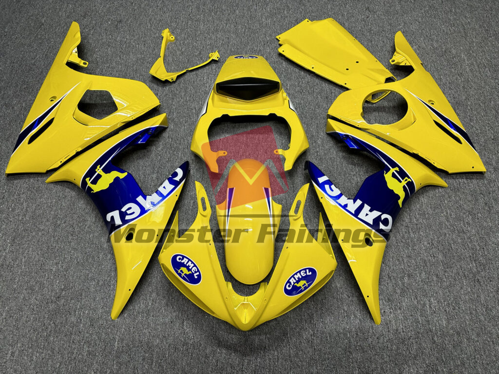 Yamaha R6 2005 Gloss Yellow & Blue Camel ABS fairings - custom motorcycle bodywork kit by Monster Fairings