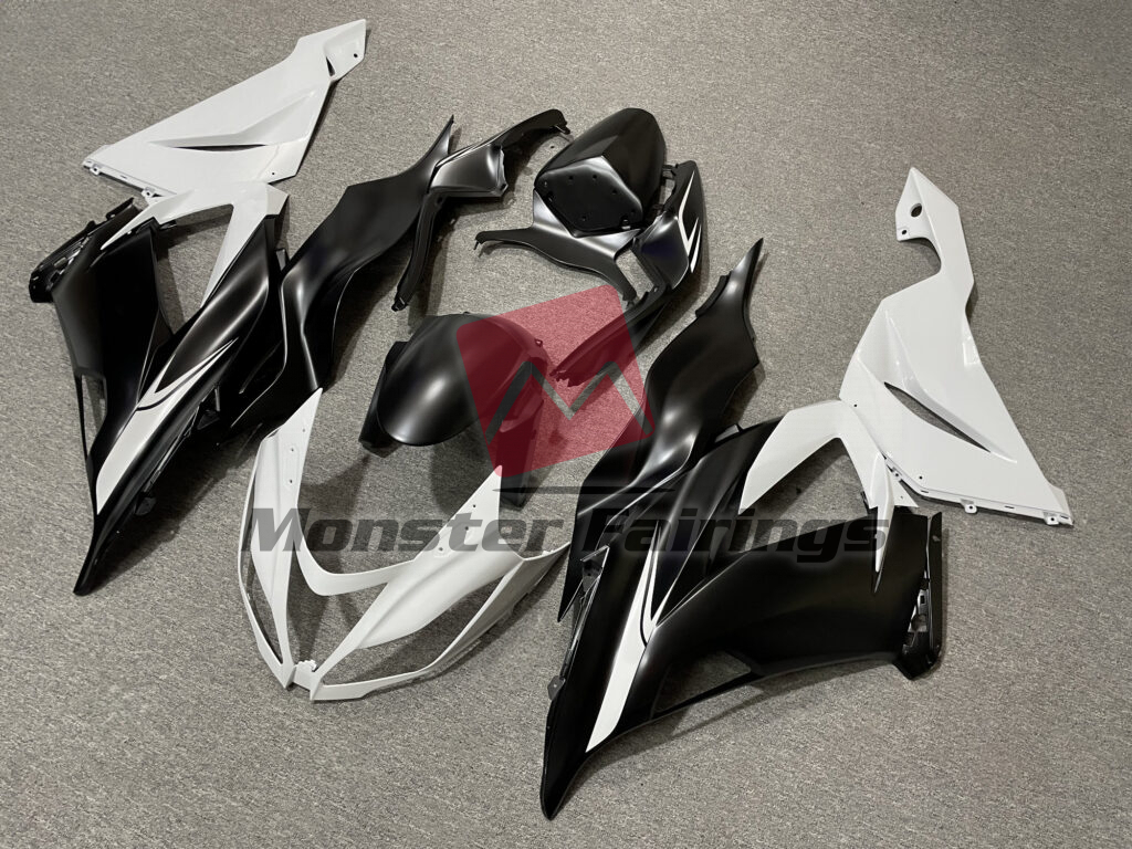 Kawasaki ZX6R custom ABS fairings 2013 - 2018 in Matte Black & Gloss White - durable replacement kit, Monster Fairings