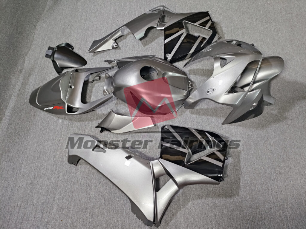 2005 - 2006 Honda CBR600RR Gloss Silver & Black fairing set - ABS injection, custom painted by Monster Fairings