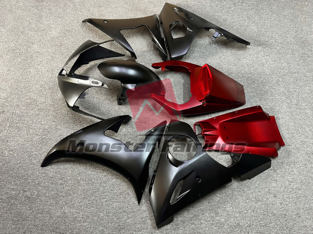 Yamaha R6 custom ABS fairings 2005 in Matte Black & Yellow with Red - durable replacement kit, Monster Fairings