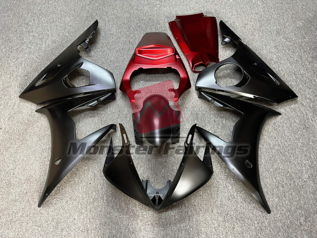 Yamaha R6 2005 Matte Black & Yellow with Red ABS fairings - custom motorcycle bodywork kit by Monster Fairings