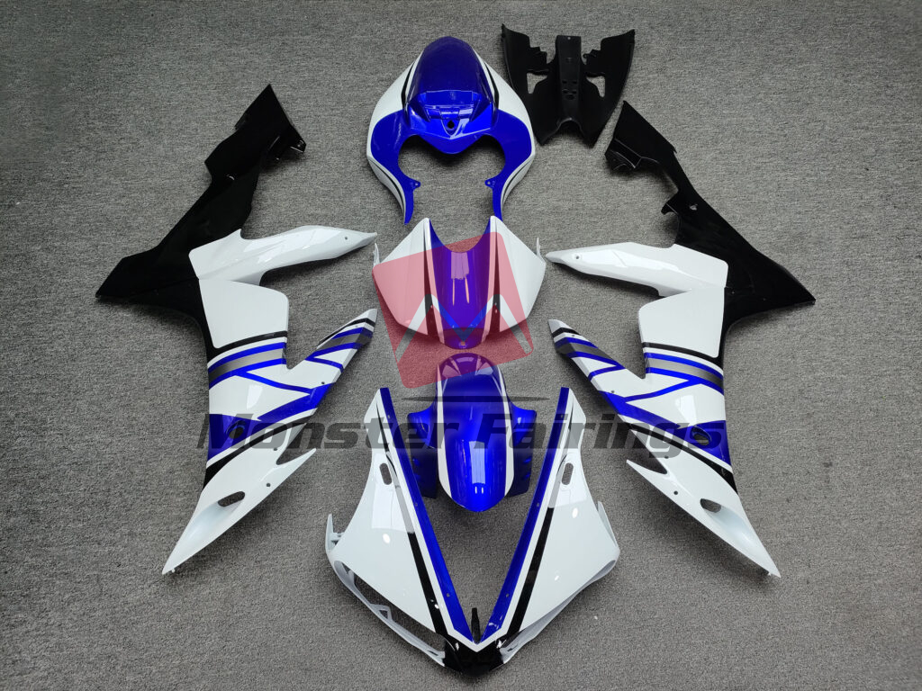 Yamaha R1 2004 - 2006 Gloss White & Blue with Black ABS fairings - custom motorcycle bodywork kit by Monster Fairings