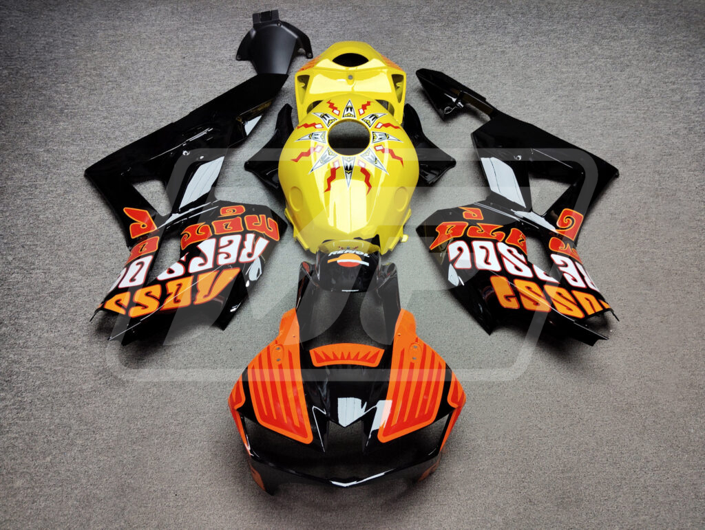 Honda CBR600RR 2013 - 2025 Gloss Black & Orange Yellow ABS fairings - custom motorcycle bodywork kit by Monster Fairings