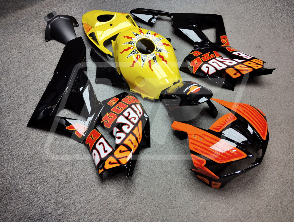 Honda CBR600RR custom ABS fairings 2013 - 2025 in Gloss Black & Orange Yellow - durable replacement kit, Monster Fairings