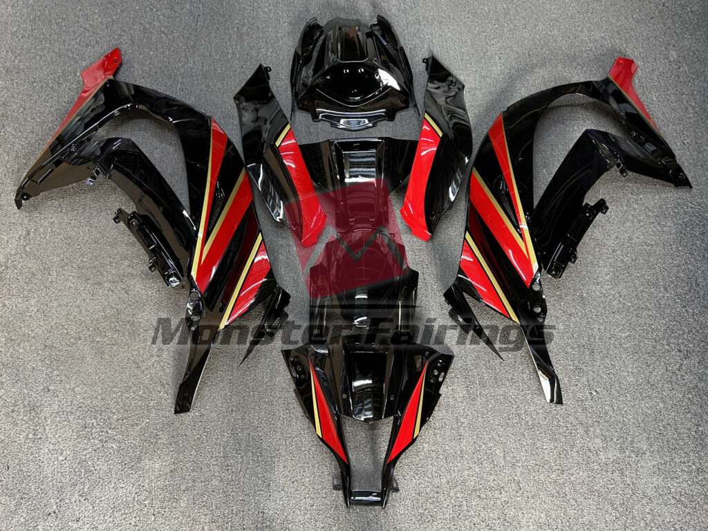 Kawasaki ZX10R 2011 - 2015 Gloss Black Red & Gold ABS fairings - custom motorcycle bodywork kit by Monster Fairings