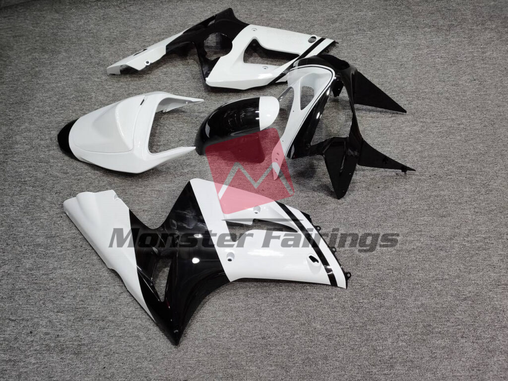 2003 - 2004 Kawasaki ZX6R Gloss White & Black fairing set - ABS injection, custom painted by Monster Fairings