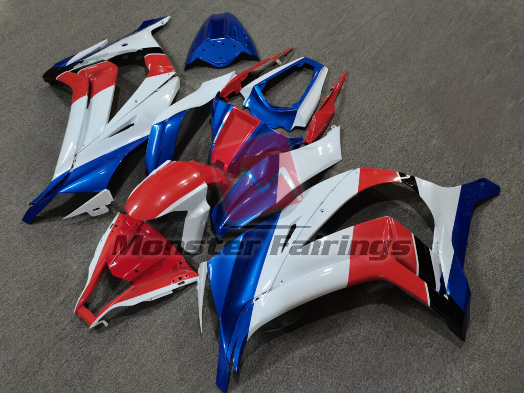 Kawasaki ZX10R custom ABS fairings 2011 - 2015 in Gloss White Blue Red & Black - durable replacement kit, Monster Fairings