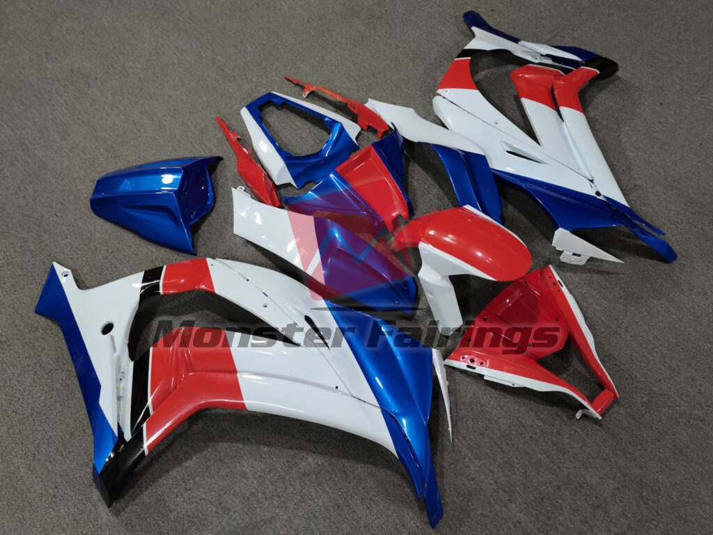2011 - 2015 Kawasaki ZX10R Gloss White Blue Red & Black fairing set - ABS injection, custom painted by Monster Fairings