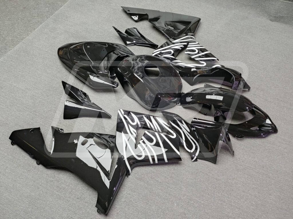 Kawasaki ZX10R custom ABS fairings 2004 - 2005 in Gloss Black White Flames - durable replacement kit, Monster Fairings