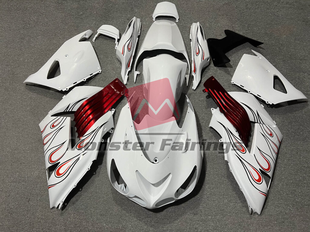 Kawasaki ZX14R 2006 - 2011 Gloss White Black & Red Flames ABS fairings - custom motorcycle bodywork kit by Monster Fairings