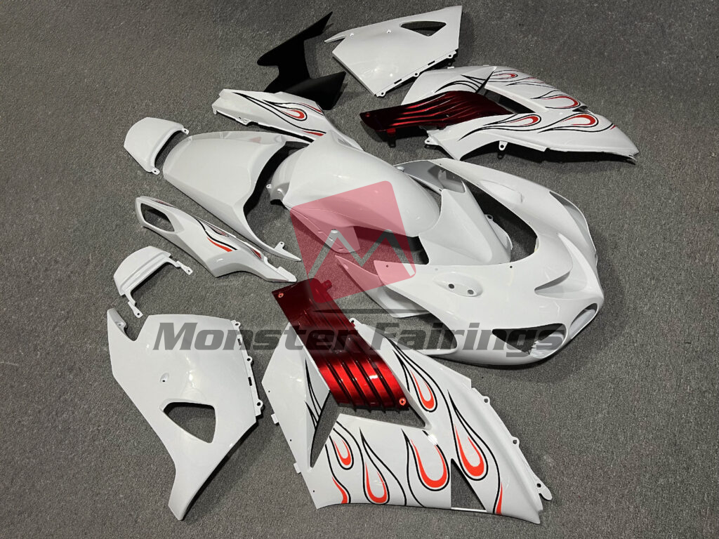 Kawasaki ZX14R custom ABS fairings 2006 - 2011 in Gloss White Black & Red Flames - durable replacement kit, Monster Fairings