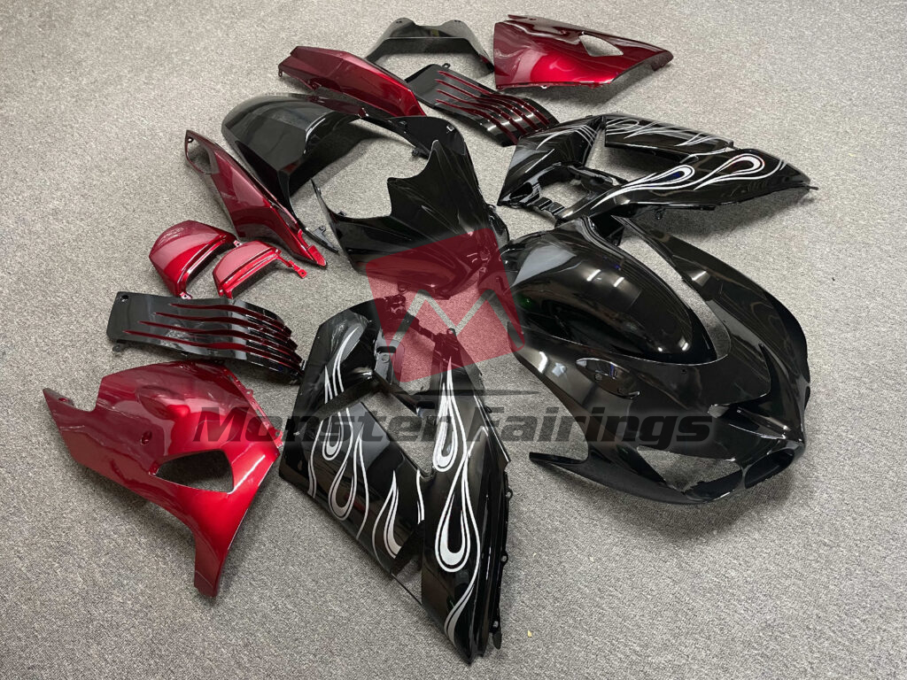 Gloss Black & Red White Flames ABS fairings for Kawasaki ZX14R 2006 - 2011 - premium OEM fit kit by Monster Fairings