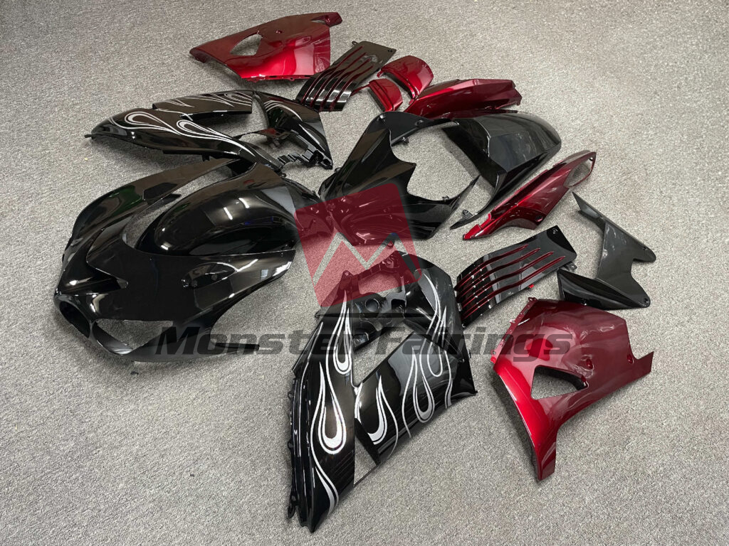 Kawasaki ZX14R custom ABS fairings 2006 - 2011 in Gloss Black & Red White Flames - durable replacement kit, Monster Fairings