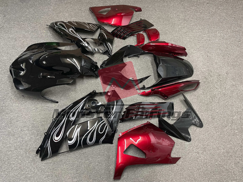 2006 - 2011 Kawasaki ZX14R Gloss Black & Red White Flames fairing set - ABS injection, custom painted by Monster Fairings