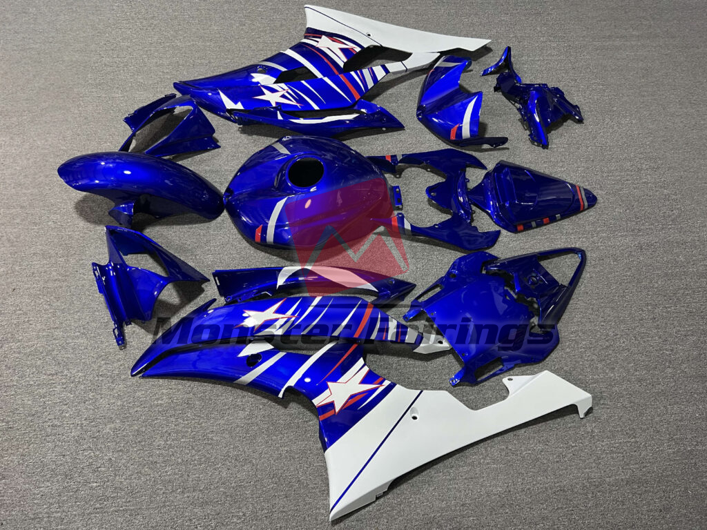 2008 - 2016 Yamaha R6 Gloss Deep Blue & White fairing set - ABS injection, custom painted by Monster Fairings